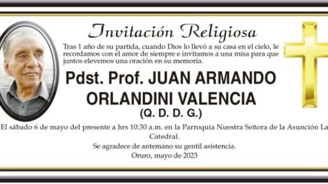 Invitación religiosa en memoria de Juan Armando Orlandini Valencia