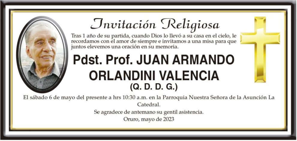 Invitación religiosa en memoria de Juan Armando Orlandini Valencia