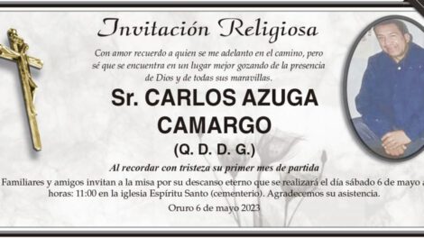 Invitación religiosa en memoria de Carlos Azuga Camargo