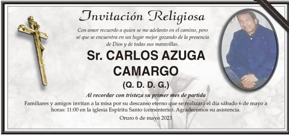 Invitación religiosa en memoria de Carlos Azuga Camargo
