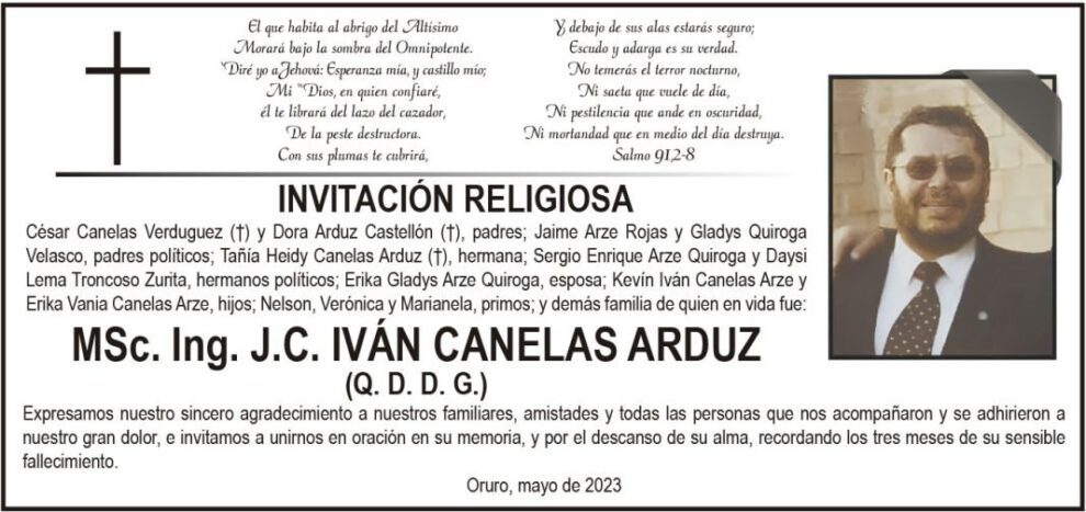 MSc. Ing. J.C. IVÁN CANELAS ARDUZ - Invitación religiosa en su memoria