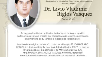 Invitación Religiosa: Dr. Livio Vladimir Riglos Vasquez