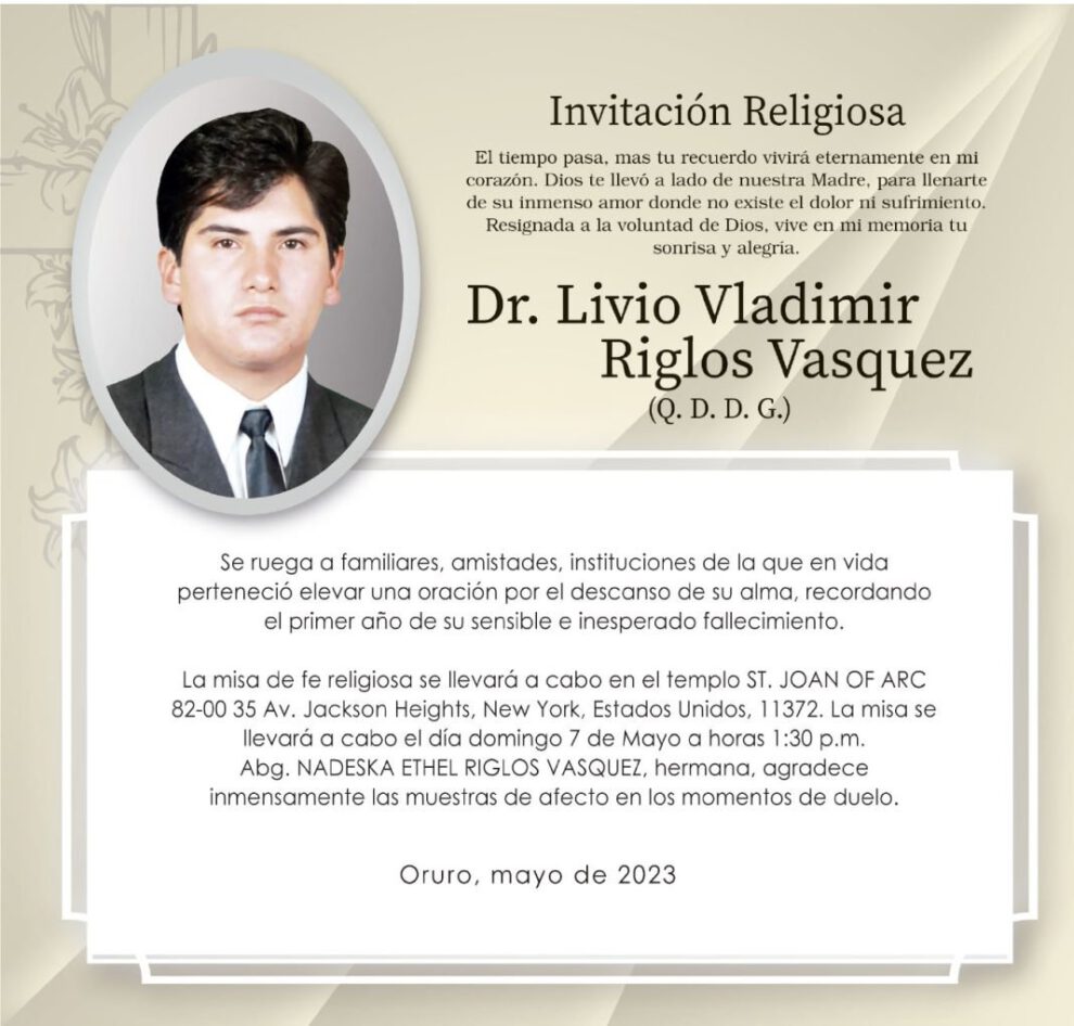 Invitación Religiosa: Dr. Livio Vladimir Riglos Vasquez