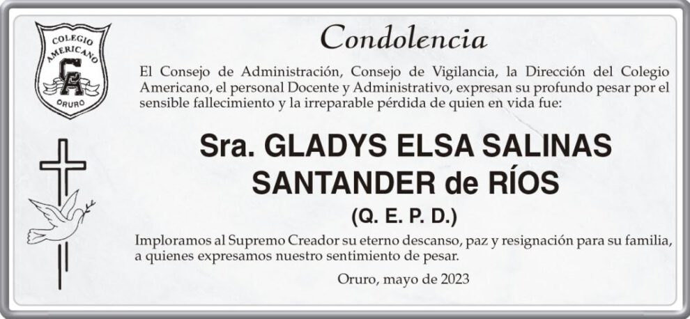 Condolencia por el fallecimiento de Gladys Elsa Salinas Santander