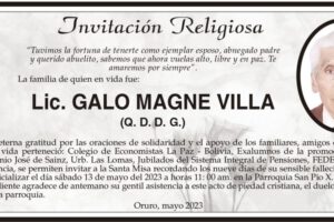 Invitación Religiosa en memoria de Lic. Galo Magne Villa