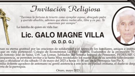 Invitación Religiosa en memoria de Lic. Galo Magne Villa