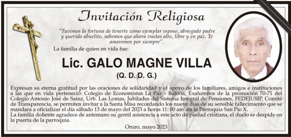 Invitación Religiosa en memoria de Lic. Galo Magne Villa