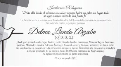 Invitación religiosa en memoria de Delma Lienzo Arzabe