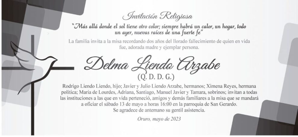 Invitación religiosa en memoria de Delma Lienzo Arzabe