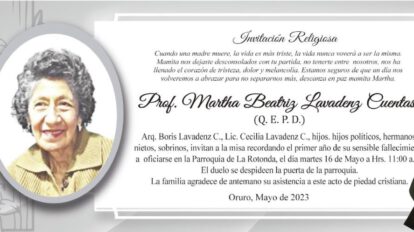 Invitación Religiosa: Prof. Martha Beatriz Lavadenz Cuentas