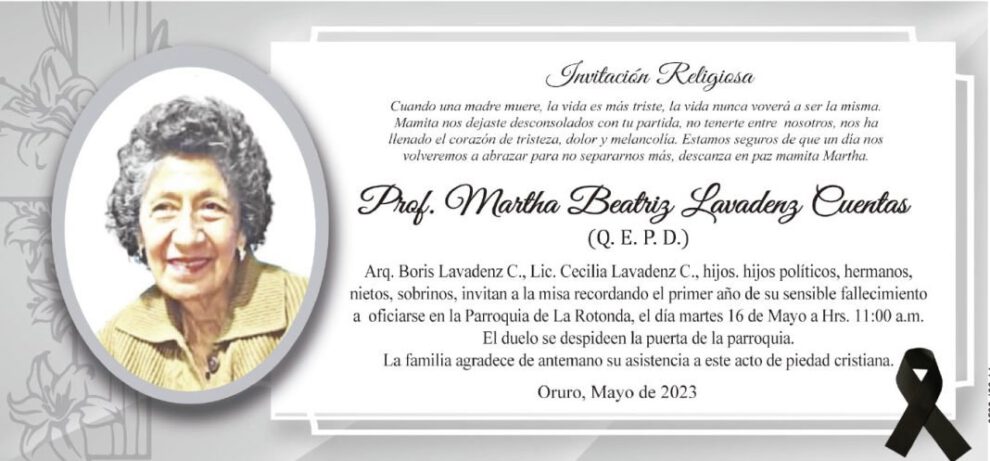 Invitación Religiosa: Prof. Martha Beatriz Lavadenz Cuentas