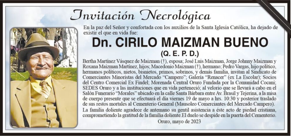 Invitación Necrológica Dn. Cirilo Maizman Bueno