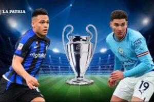 Lautaro Martínez y Julián Álvarez en la final de la Champions League
