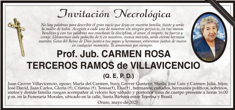 Invitación Necrológica: Carmen Rosa Terceros Ramos