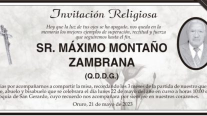 Invitación Religiosa en memoria de Máximo Montaño Zambrana