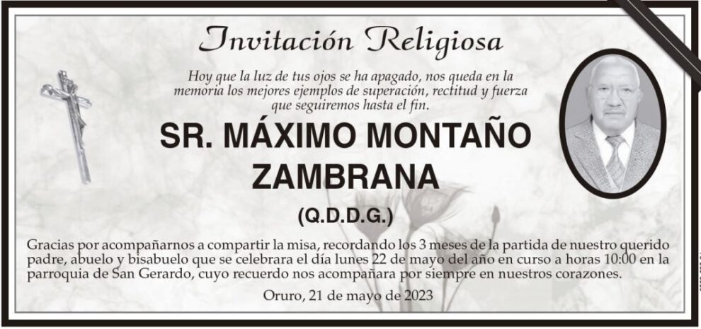 Invitación Religiosa en memoria de Máximo Montaño Zambrana