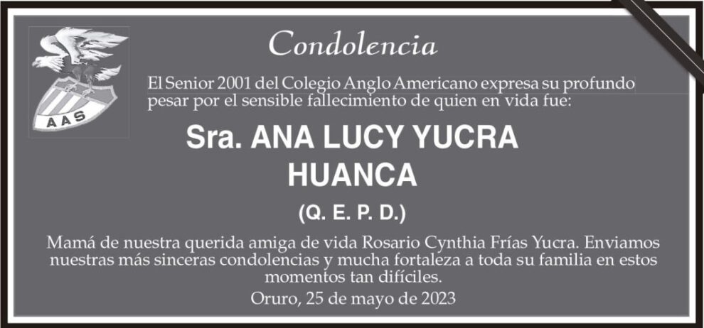 Condolencia por el fallecimiento de Ana Lucy Yucra Huanca