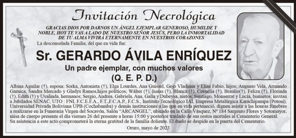Invitación Necrológica para Gerardo Ávila Enríquez
