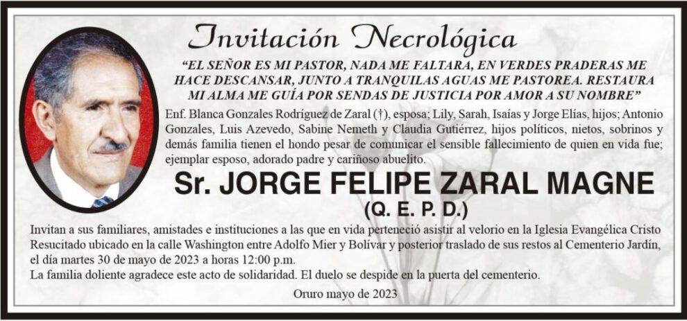 Invitación Necrológica: Jorge Felipe Zaral Magne