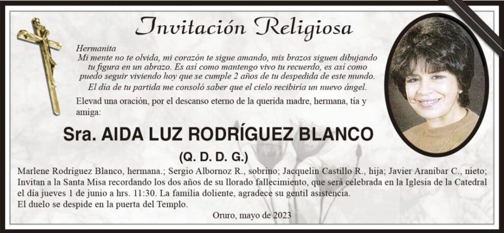 Invitación Religiosa en memoria de Aida Luz Rodríguez Blanco