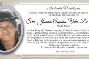 Invitación Necrológica: Juana Aquino Vda. de Sandy