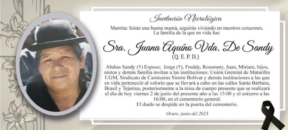 Invitación Necrológica: Juana Aquino Vda. de Sandy