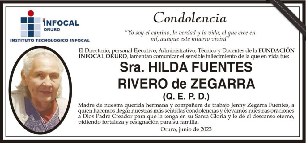 Condolencia por el fallecimiento de Hilda Fuentes Rivero