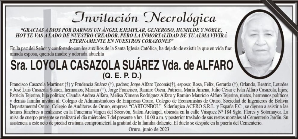 Invitación Necrológica de Loyola Casazola Suárez