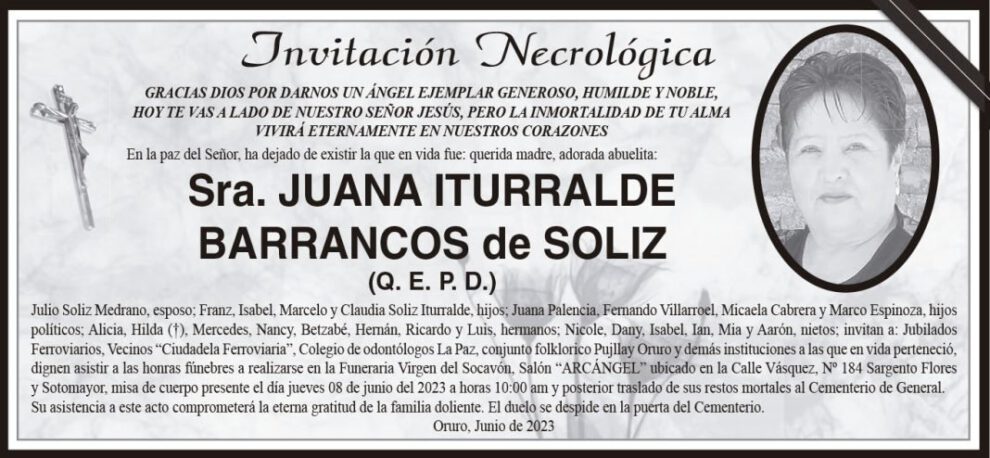 Invitación Necrológica de Juana Iturralde Barrancos