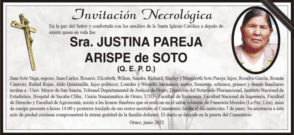 Invitación Necrológica de Justina Pareja Arispe