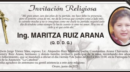 Ing. Maritza Ruiz Arana, invitación religiosa en su memoria