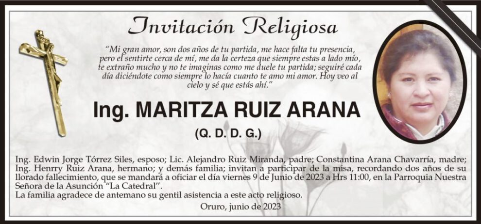 Ing. Maritza Ruiz Arana, invitación religiosa en su memoria