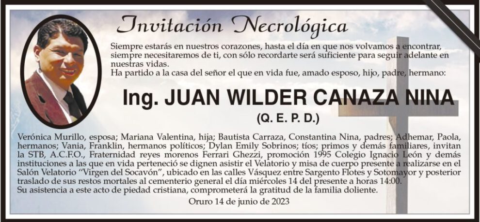 Invitación Necrológica: Ing. Juan Wilder Canaza Nina