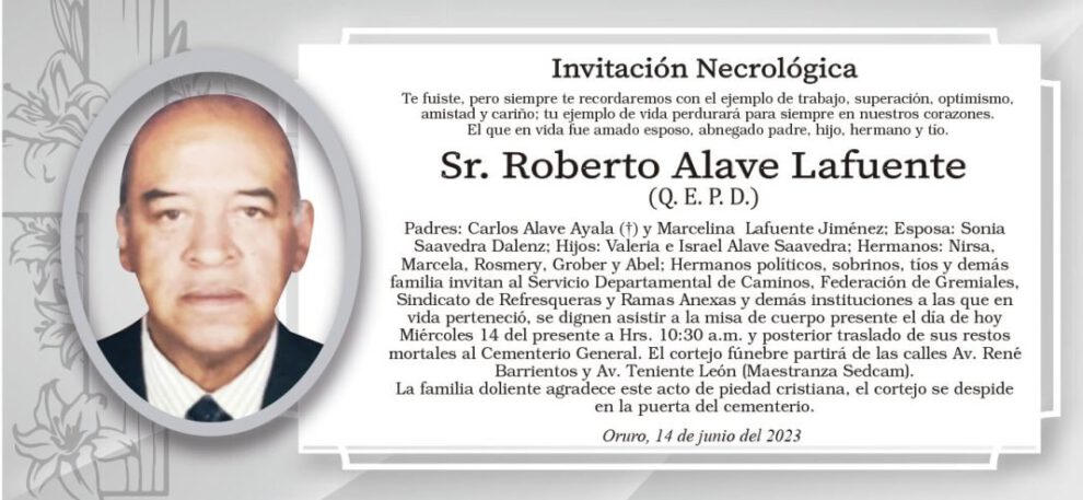 Invitación Necrológica: Roberto Alave Lafuente