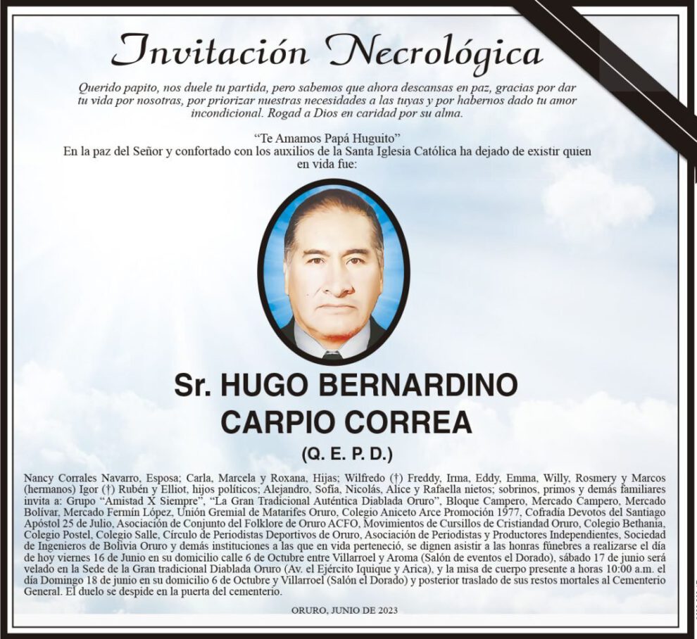 Invitación Necrológica de Hugo Bernardino Carpio Correa