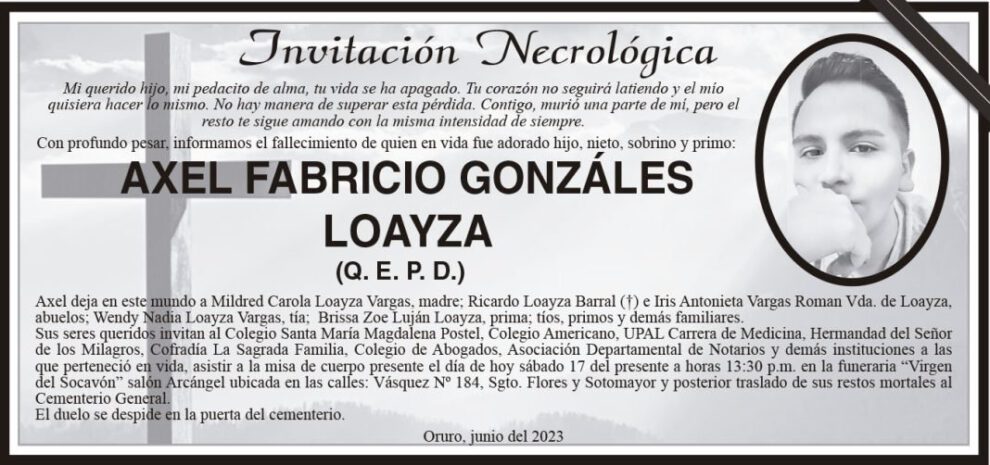 Invitación Necrológica: Axel Fabricio Gonzáles Loayza