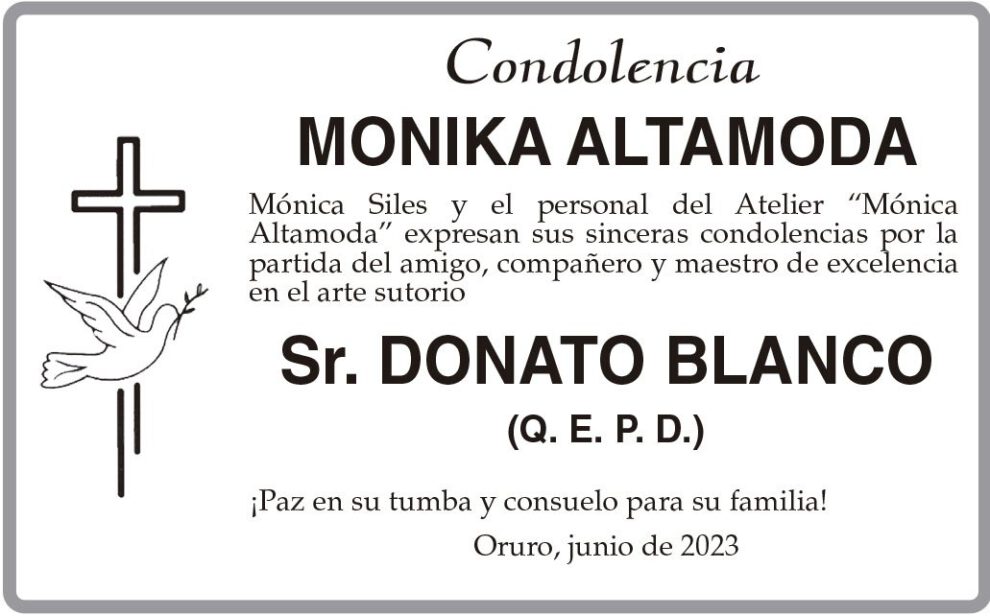 Condolencia por la partida de Donato Blanco