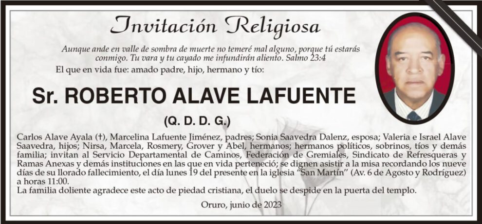 Invitación Religiosa para Roberto Alave Lafuente
