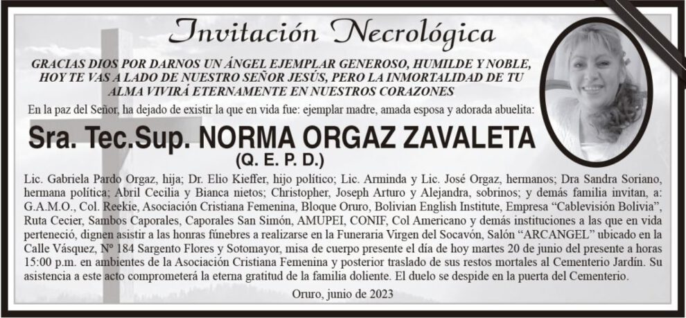 Invitación Necrológica de Norma Orgaz Zavaleta
