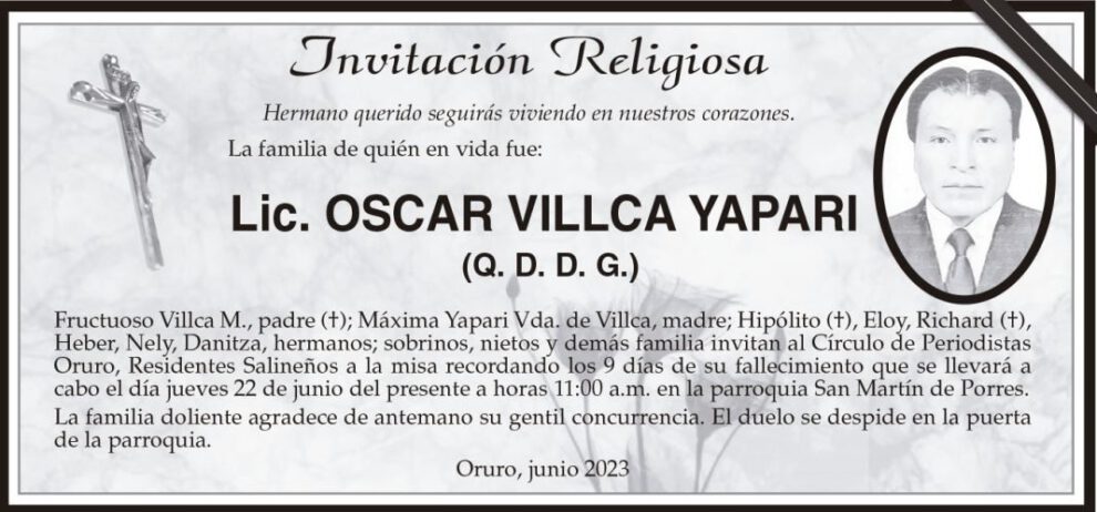 Invitación Religiosa: Lic. Oscar Villca Yapari