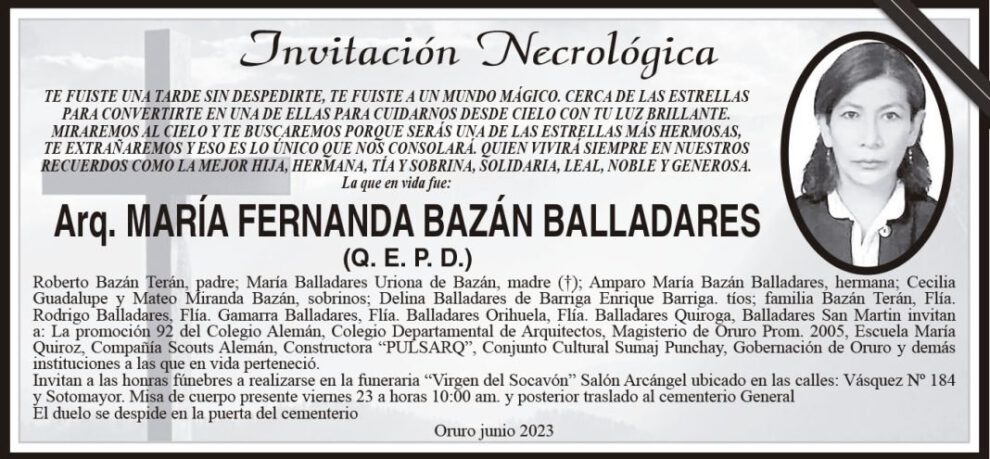 Necrológicos de Arq. MARÍA FERNANDA BAZÁN BALLADARES