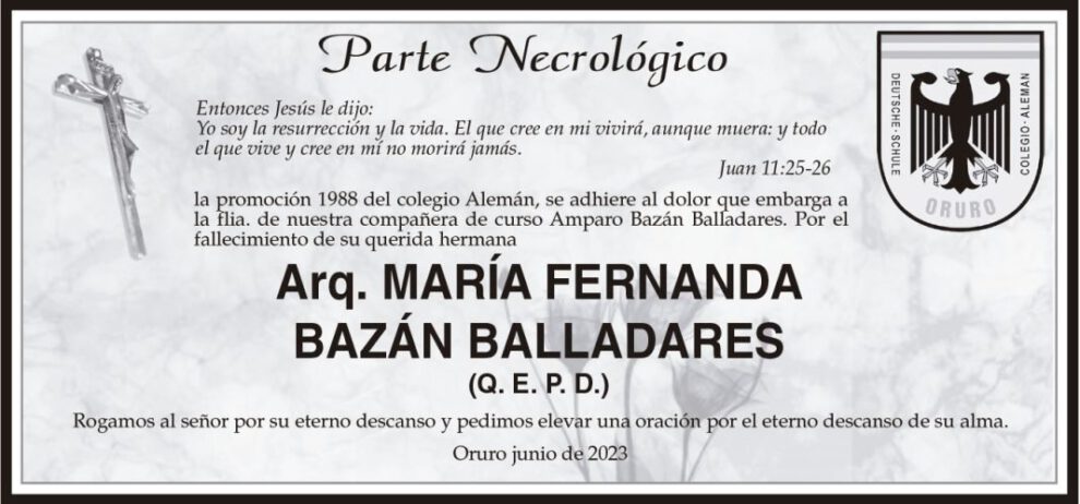 Parte Necrológico de Arq. María Fernanda Bazán Balladares