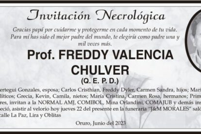 Invitación Necrológica: Prof. Freddy Valencia Chulver