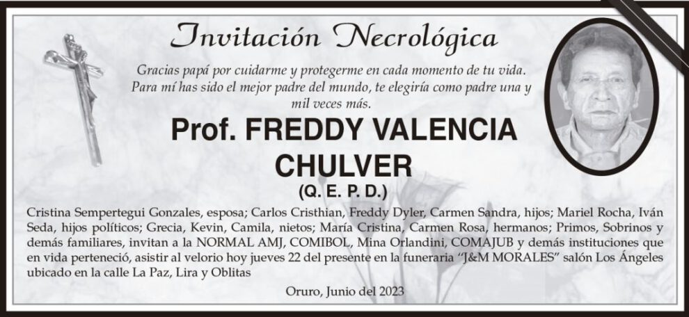Invitación Necrológica: Prof. Freddy Valencia Chulver
