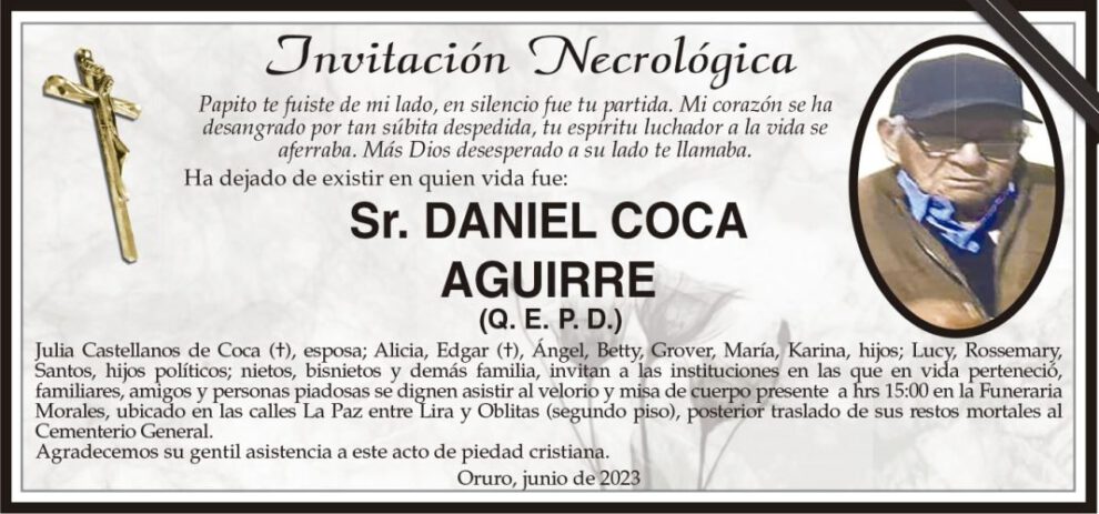 Invitación Necrológica: Sr. Daniel Coca Aguirre