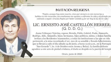 Lic. Ernesto José Castellón Herrera, invitación religiosa en su memoria