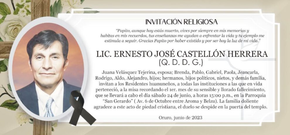 Lic. Ernesto José Castellón Herrera, invitación religiosa en su memoria
