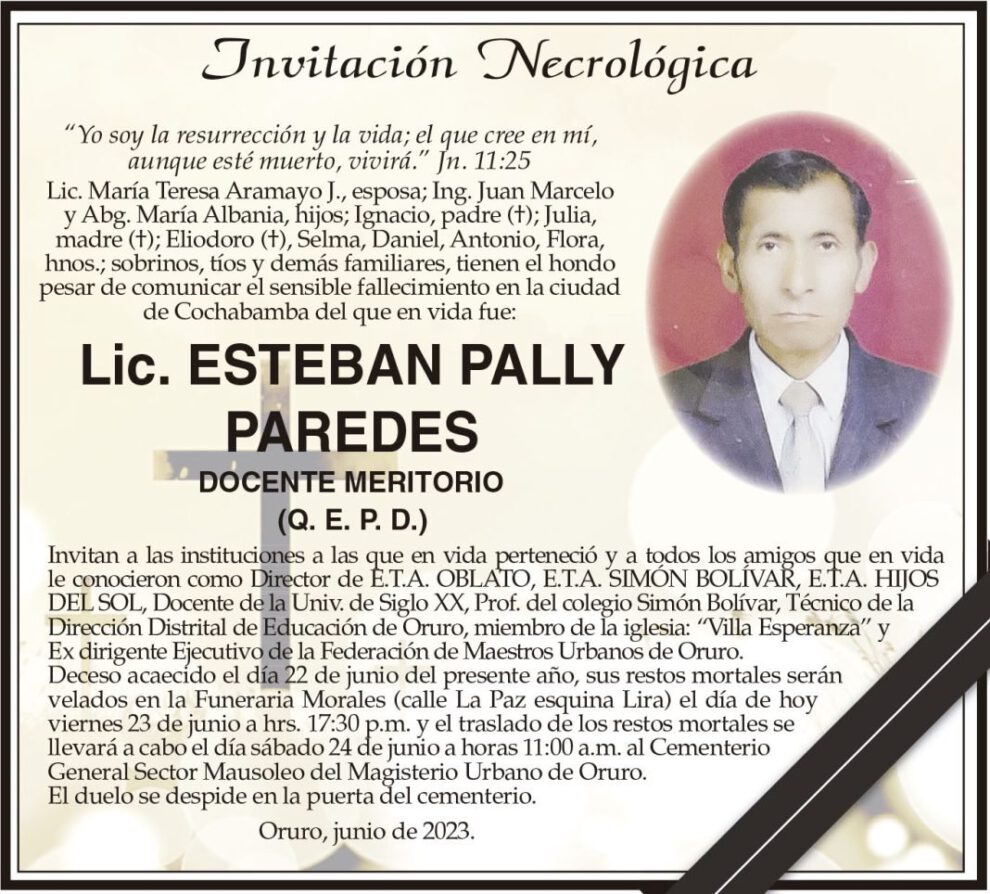 Invitación Necrológica: Lic. Esteban Pally Paredes