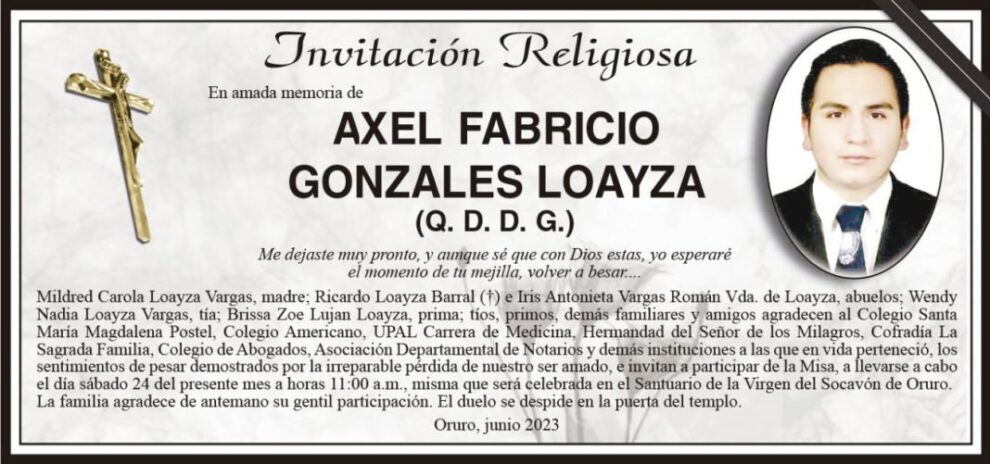 Invitación Religiosa en memoria de Axel Fabricio Gonzales Loayza