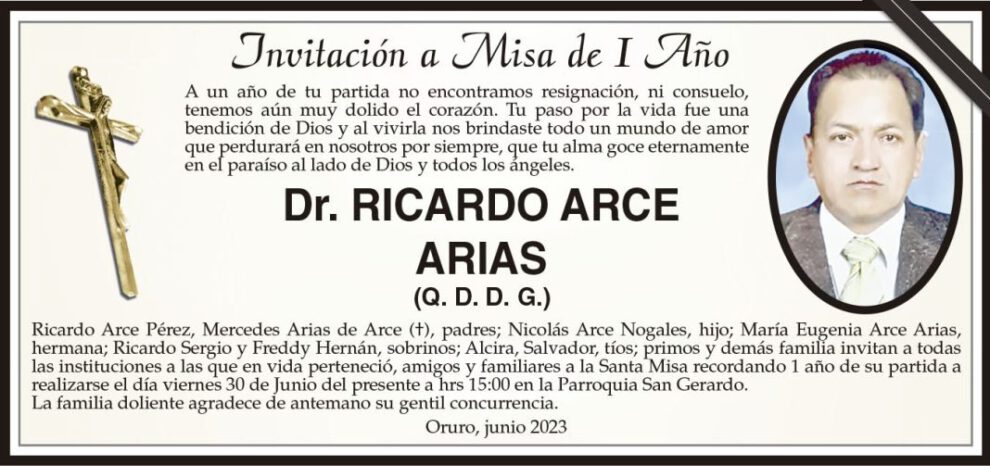 Misa de 1 Año en memoria del Dr. Ricardo Arce Arias